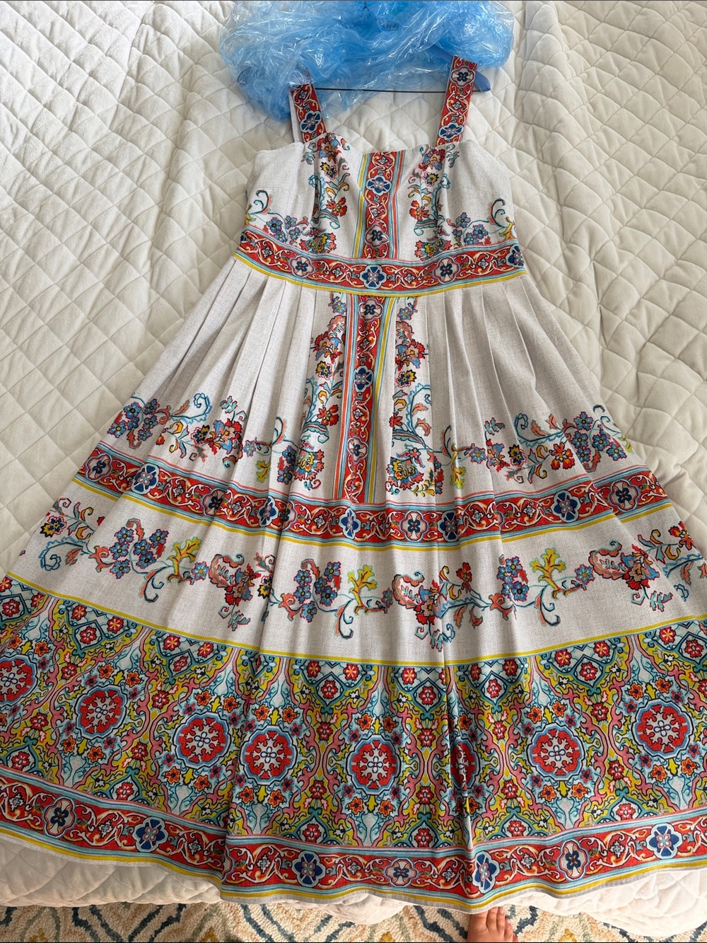 Shoshanna White Midi Dress with Multicolor Floral Border Print